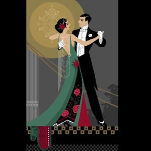 May include: An art deco illustration of a dancing couple. The woman is in a green gown with red rose details and a pearl necklace. The man wears a tuxedo. A gold sun-like shape is in the background.