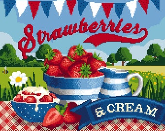 Cross stitch pattern, Strawberries and Cream Day, Classic British Summer Jubilee Garden Party and Bunting, Vintage Advertising Sign PDF 046