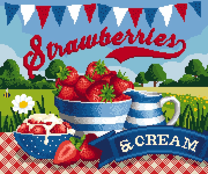 Cross stitch pattern, Strawberries and Cream Day, Classic British Summer Jubilee Garden Party and Bunting, Vintage Advertising Sign PDF 046 