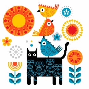 Può includere: Un'illustrazione in pixel art raffigurante un gatto nero con motivi floreali blu, che sostiene una pila di tre uccelli in giallo, arancione e blu. La scena include vari soli e fiori stilizzati in tonalità arancione, giallo e blu.
