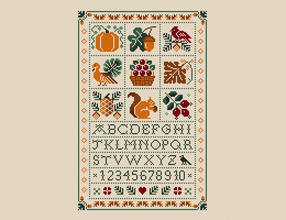 Cross Stitch Autumn Fall Pumpkin Sampler Thanksgiving Harvest, Red ...