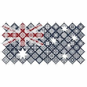 Muestrario de punto de cruz Quaker con la bandera de Australia, mosaico de cuadrados de patchwork, diseño patriótico de Vivsters, gráfico contado en PDF 042AU