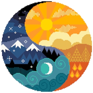 Peut inclure: Illustration en pixel art d'un symbole Yin et Yang. Le motif présente un ciel nocturne étoilé et des montagnes, un soleil brillant, des nuages et des flammes. La palette de couleurs comprend des bleus, des oranges et des jaunes.