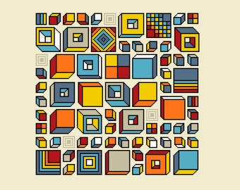 Motif géométrique 3D au point de croix : Carreaux de Truchet Crazy Squares (Tableau compté PDF 129)