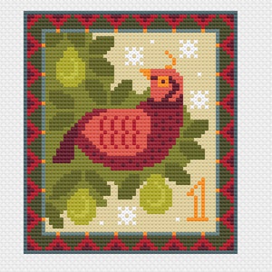 Mini grafico a punto croce 12 giorni di canti natalizi, Una pernice in un albero di pere, ottimo per biglietti di auguri di Vivsters, grafico contato in PDF 094A