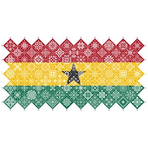 Patrón de punto de cruz Quaker Sampler Bandera de Ghana, nación africana, mosaico de cuadrados de patchwork, diseño patriótico de Vivsters, gráfico contado en PDF 042GH
