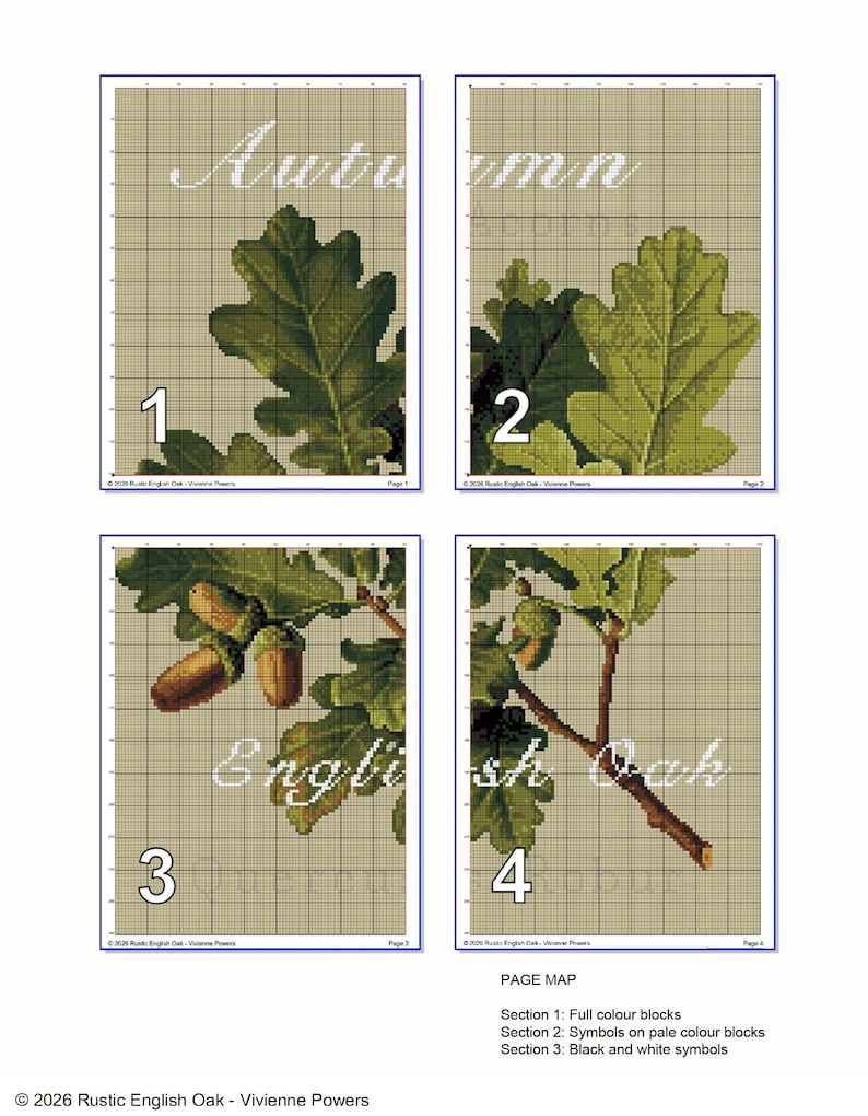 May include: A four-page cross-stitch pattern titled Rustic English Oak by Vivienne Powers. Each page features a grid with green oak leaves and brown acorns. The text Autumn and English Oak is visible. A page map explains the color and symbol keys.