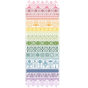 May include: A vertical design featuring a series of colorful, patterned borders. The borders showcase a variety of geometric and floral motifs in a rainbow of colors, including pink, red, orange, yellow, green, blue, and purple. The design is set against a white background.