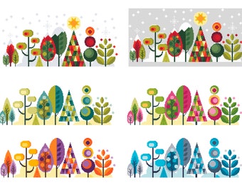 ALL FOUR SEASONS Cross Stitch Bundle Scandinavian Forest Trees plus Christmas Modern Folk Art design by Vivsters Pdf Counted Chart - 050