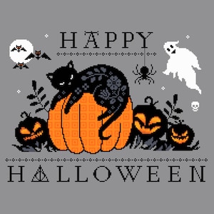 Cross Stitch Happy Halloween Pumpkin Jack o Lanterns and sleepy kitten, ghost and bats, sampler All Hallows Eve PDF counted chart 320