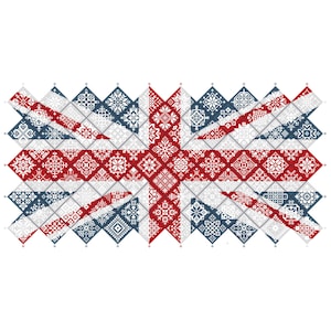 May include: A rectangular graphic design featuring the Union Jack flag composed of a grid of diamond-shaped tiles. Each tile displays intricate white, red, and dark blue geometric patterns, creating a cohesive mosaic of the national flag.