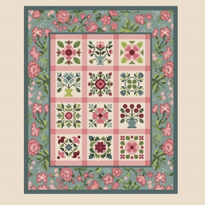 Patrón de punto de cruz para patchwork, bloque de colcha con flores del Jardín Secreto, estilo Shabby Chic, Cuadrados florales de Vivsters, gráfico contado en PDF 132