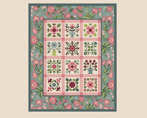 Cross Stitch Pattern Patchwork Quilt Block Flowers the