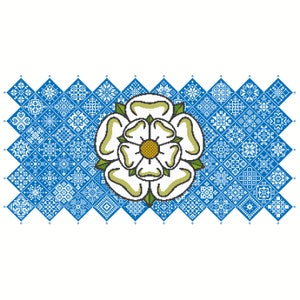 Patrón de punto de cruz Quaker Sampler Yorkshire County Flag, mosaico de cuadrados de patchwork, diseño patriótico de Vivsters, gráfico contado en PDF 042CYO