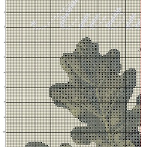 May include: A cross stitch pattern chart on a grid featuring a large oak leaf rendered in shades of gray and green. The text "Rustic English Oak" and "Vivienne Powers" appears at the bottom, with "Page 1" in the corner. The grid includes numbered axes.