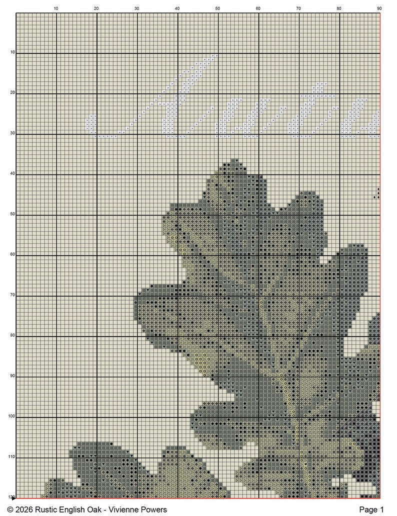 May include: A cross stitch pattern chart on a grid featuring a large oak leaf rendered in shades of gray and green. The text "Rustic English Oak" and "Vivienne Powers" appears at the bottom, with "Page 1" in the corner. The grid includes numbered axes.