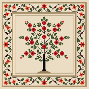 May include: Cross-stitch design featuring a tree with red flowers and green leaves, set within a square frame. The border has a repeating pattern of orange star-shaped flowers and green vines on a beige background. The tree's trunk is black.