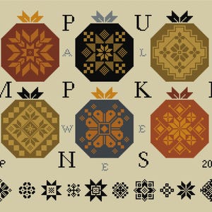 May include: A cross-stitch pattern featuring six octagonal shapes in various colors, each with a unique geometric design. The shapes are arranged in two rows, with letters and numbers around them. The year "2025" is also visible.