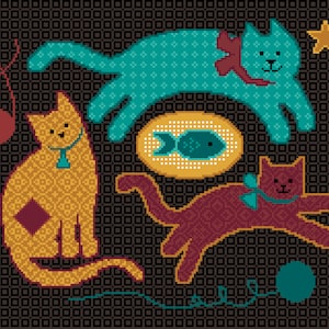 Puede incluir: Tres gatos pixelados con pelaje y lazos de diferentes colores. Los gatos están jugando con una cuerda y un pez en un plato. Una estrella amarilla está en la esquina superior derecha.