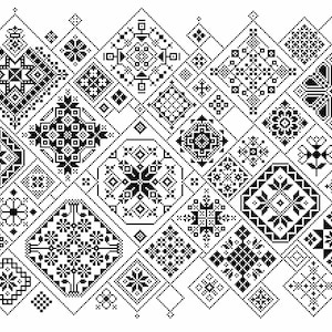 Muestrario de punto de cruz Quaker, cuadrados de patchwork Ackworth Mono en mosaico sobre blanco, diseño de arte popular moderno de Vivsters - gráfico contado en PDF 013B