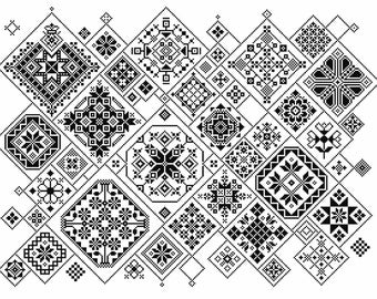 Cross Stitch Quaker Sampler, tiled Ackworth Mono patchwork squares on white, Modern Folk Art design by Vivsters - PDF counted chart 013B