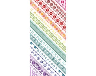 Kruissteekpatroon regenboogalfabet: diagonaal bandmonster (pdf-telpatroon 002B)