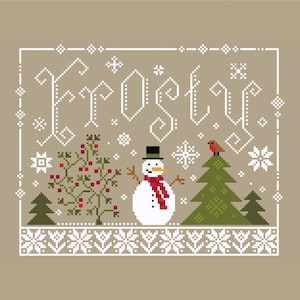 May include: A pixelated winter scene featuring the word "Frosty". A snowman with a black top hat and red scarf stands beside a green Christmas tree with a red bird. A tree with red berries is on the left.