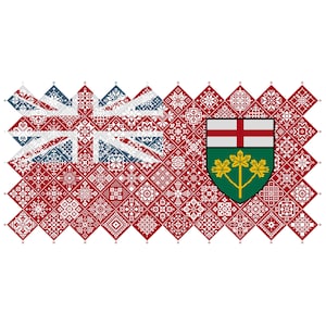 Muestrario de punto de cruz Quaker con la bandera de la provincia canadiense de Ontario, cuadrados de patchwork en mosaico, diseño patriótico de Vivsters, gráfico contado en PDF 042PON