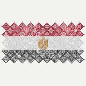 May include: A stylized illustration of the Egyptian flag, made up of red, white, and black squares with a gold eagle in the center. The flag is made up of small geometric patterns.