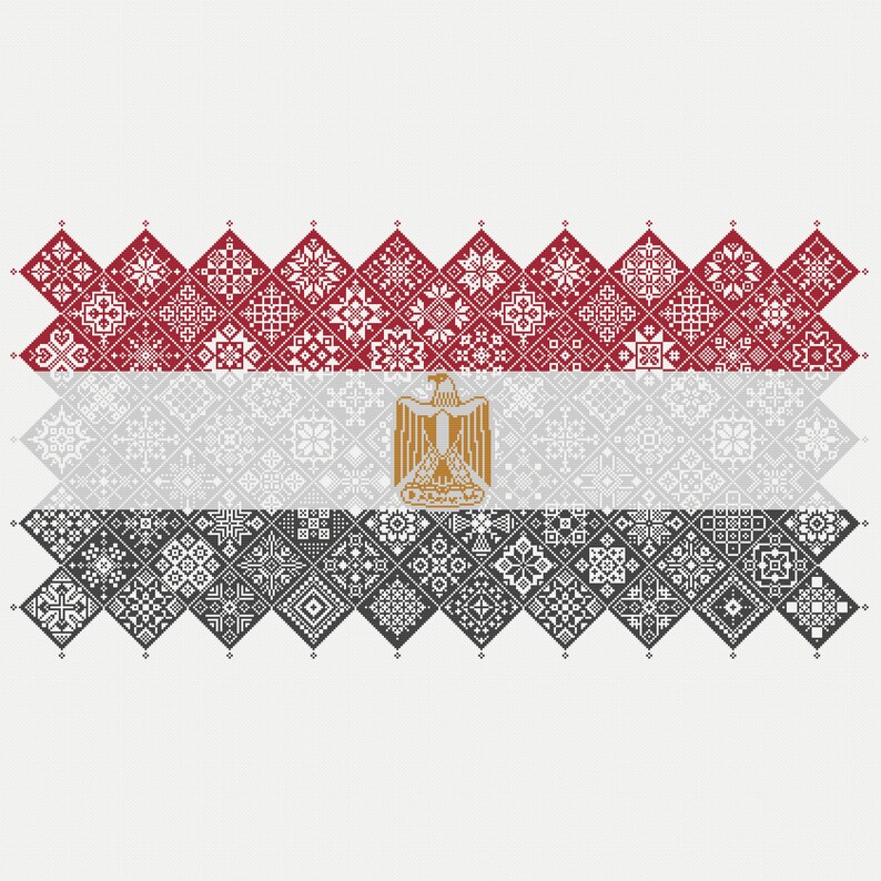 May include: A stylized illustration of the Egyptian flag, made up of red, white, and black squares with a gold eagle in the center. The flag is made up of small geometric patterns.