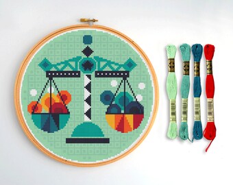 Libra the Scales Cross Stitch Pattern: Zodiac Horoscope Chart (PDF Counted Chart 010J)
