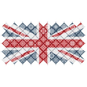 May include: A rectangular graphic design of the Union Jack flag composed of a grid of individual diamond-shaped tiles. Each tile features a unique white, red, or dark blue geometric pattern reminiscent of traditional cross-stitch embroidery.