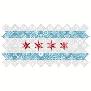 May include: A blue and white patterned flag with four red stars in the center. The flag is made up of small squares and diamonds.