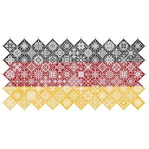 May include: A German flag made of small, white, geometric patterns on a black, red, and yellow background.