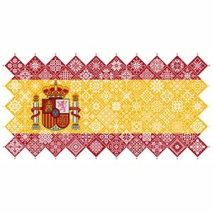 Cross Stitch Quaker Sampler Bandera Española mosaico cuadrados diseño patriótico de Vivsters, PDF gráfico contado 042ES