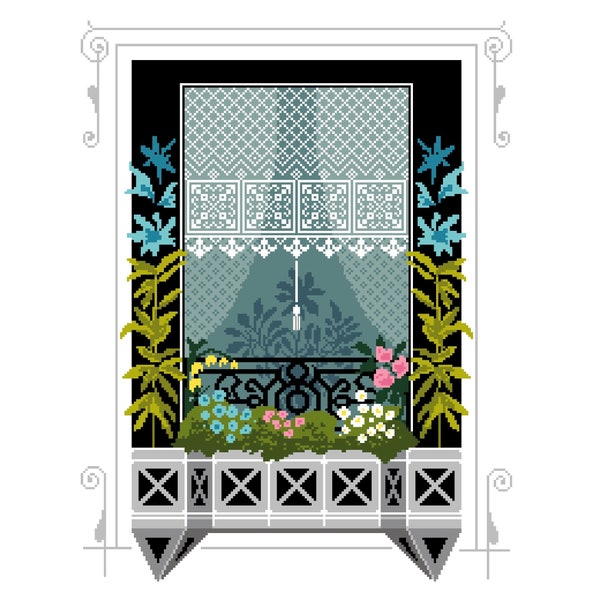 Cross Stitch pattern Art Deco 1920s Parisian Window Flower Garden Balcony Floral window basket and lace curtain frame, PDF counted chart 187