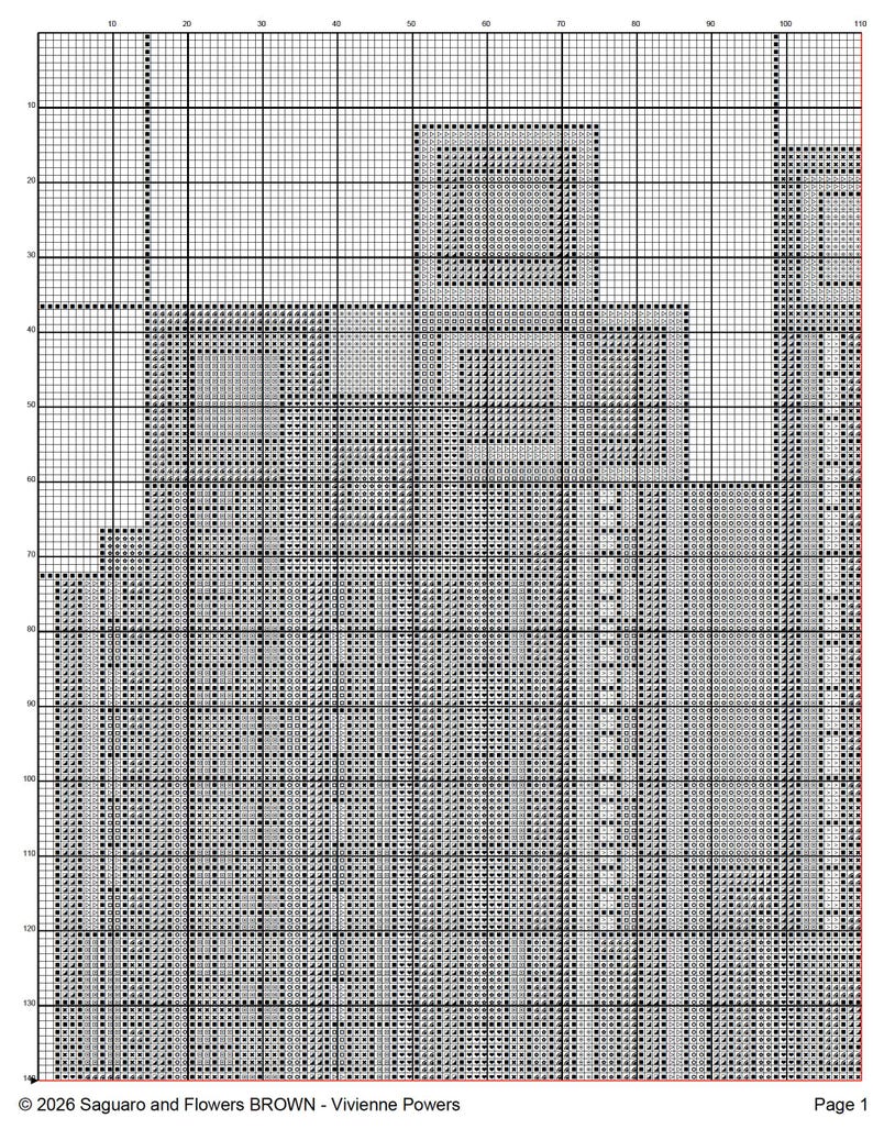 May include: A cross-stitch pattern chart with a geometric design in shades of gray and white. The chart is divided into a grid, with the text "&copy; 2026 Saguaro and Flowers BROWN - Vivienne Powers" at the bottom.