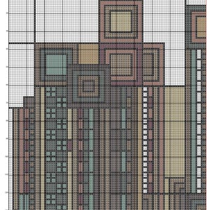 May include: Cross-stitch pattern featuring an abstract geometric design in shades of brown, beige, teal, and pink. The pattern includes squares, rectangles, and vertical lines. The text "&copy; 2026 Saguaro and Flowers BROWN - Vivienne Powers" is at the bottom.