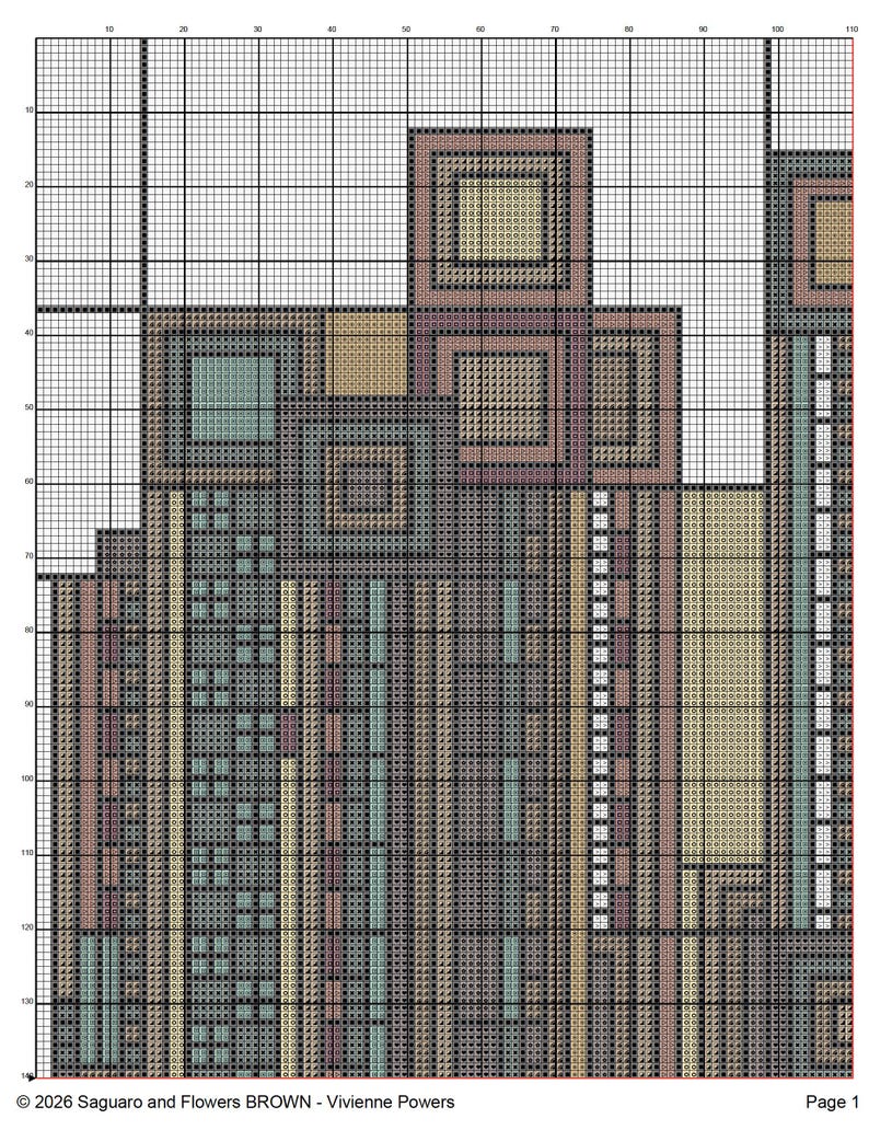 May include: Cross-stitch pattern featuring an abstract geometric design in shades of brown, beige, teal, and pink. The pattern includes squares, rectangles, and vertical lines. The text "&copy; 2026 Saguaro and Flowers BROWN - Vivienne Powers" is at the bottom.