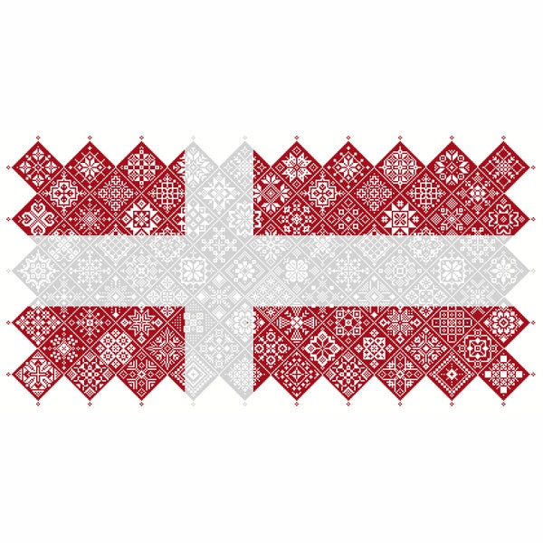 Cross Stitch Quaker Sampler Denmark Flag tiled patchwork squares patriotic design by Vivienne Powers, PDF counted chart 042DK