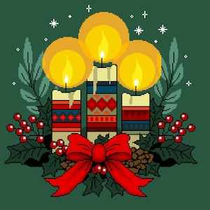 May include: A pixel art illustration of three cream-colored candles with glowing yellow flames, decorated with red, blue, and white geometric patterns. The candles are surrounded by green holly leaves, red berries, and a large red bow at the base.