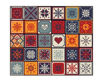 Cross Stitch Holiday Christmas Snowflake Quilt - Tiled patchwork squares - Modern Folk Art design by Vivsters - PDF counted chart 193