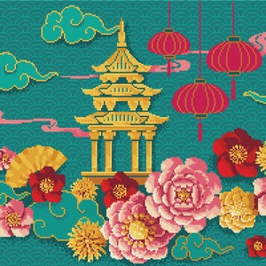 東洋の夢 - 伝統的な中国の風景 / 着物 / 新年の贈り物 - Vivsters による PDF タペストリー/チャート - クロスステッチ パターン - 053
