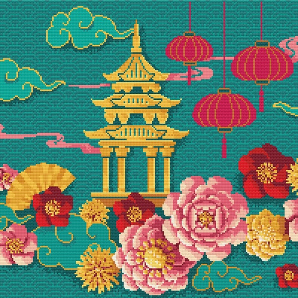 Dreams of the Orient - Traditional Chinese Landscape / Kimono / New Year Gift -  PDF tapestry/chart by Vivsters - Cross Stitch Pattern - 053