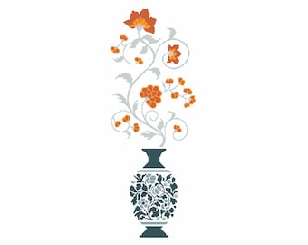 May include: A blue and white porcelain vase with a floral design. The vase is filled with orange flowers and green leaves.