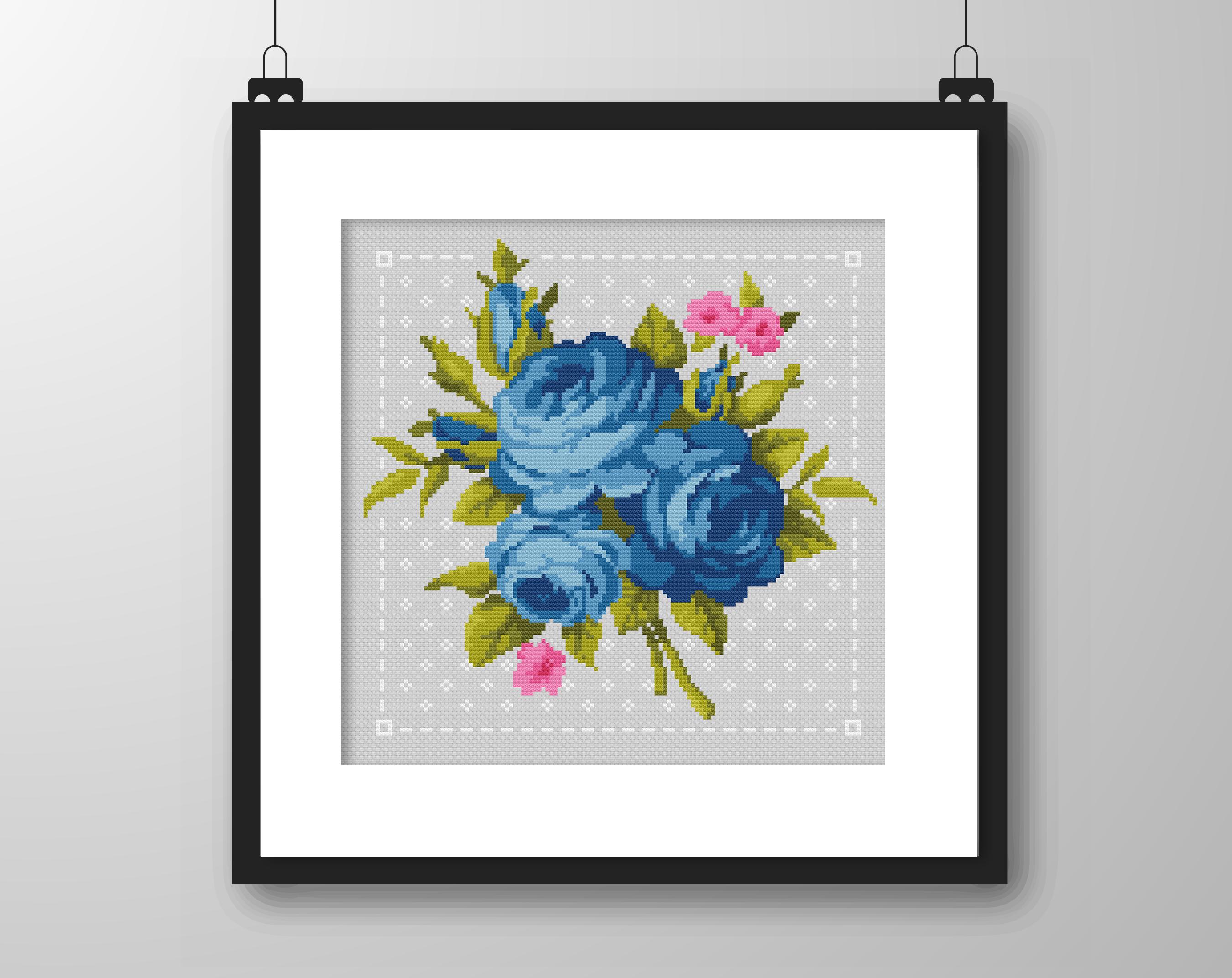 Blue Rose Cross Stitch Pattern: Victorian Floral Design (PDF
