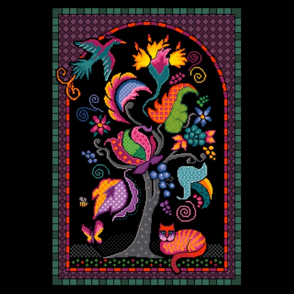 Tree of Life colourful fantasy cat bird and flowers - Cross stitch/tapestry chart by Vivienne Powers - Cross Stitch Pattern 001