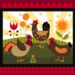 Americana Hens and Flowers Cross Stitch Pattern: Primitive Folk Art (PDF Counted Chart 185)