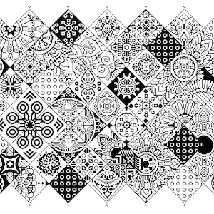 Może przedstawiać: Czarno-biały wzór płytek z geometrycznym wzorem. Wzór zawiera różne skomplikowane wzory i kształty, w tym koła, kwadraty i romby.