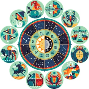 Patrón de punto de cruz Zodiaco Celestial Sol y Luna - Horóscopo Astrológico - Gráfico de punto de cruz de signos del zodíaco Descarga instantánea - 010O
